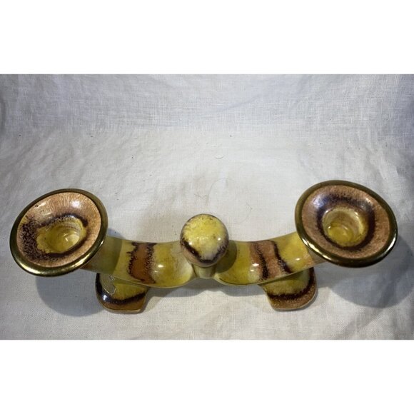 VTG Bay Keramik Art Pottery Double 2 Arm Candlestick Candelabra Yellow Brown - Picture 4 of 9